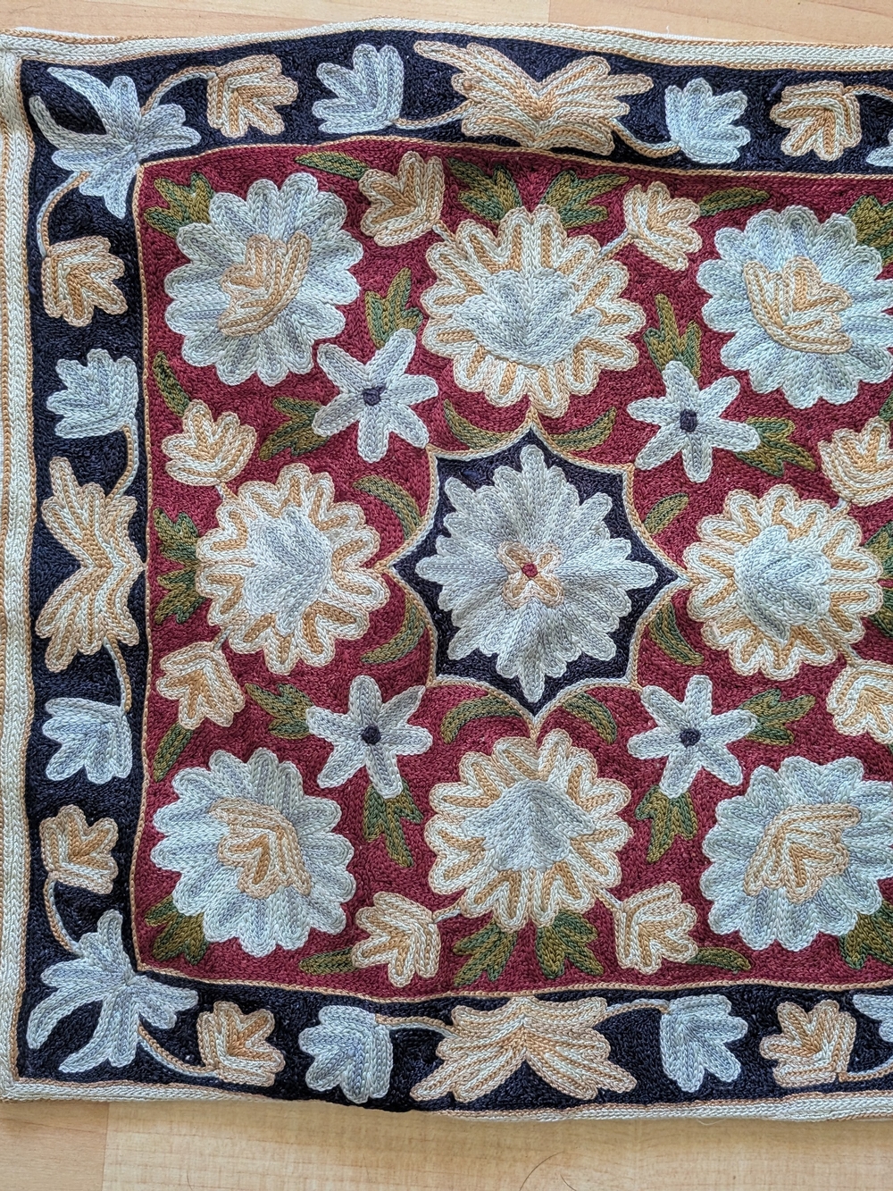 Embroidered Floral Accent Pillow Cover in Burgundy, Cream & Black